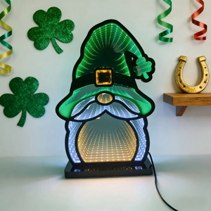 St. Patrick's Day gnome infinity mirror light with LED neon green clover decorations