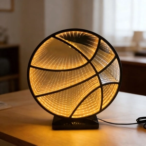 3D basketball infinity mirror tunnel lamp with warm LED lights and black base
