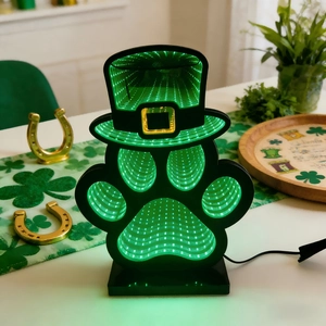 St Patricks Day LED Unendlichkeitsspiegel Licht Grünes Leuchten Leprechaun Hut Pfotenabdruck Schreibtischlampe USB Deko