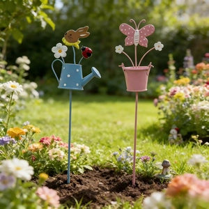 Pastoral Iron Garden Stakes Decorative Metal Flower Pot Stakes With Rabbit And Butterfly Designs Outdoor Yard Decor