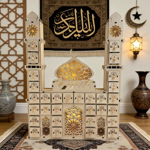 Wooden Ramadan Countdown Calendar Mosque Shaped LED 30 Drawers Islamic Advent Calendar Home Decoration Eid Mubarak Gift