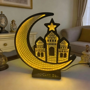 Macro detail of LED moon star tunnel lamp with infinity mirror effect for Ramadan decor