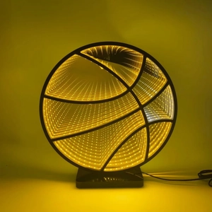 Creative LED basketball infinity mirror lamp with warm yellow light and black base stand
