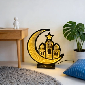 Eid LED tunnel light with moon and mosque silhouette creating warm infinity mirror effects