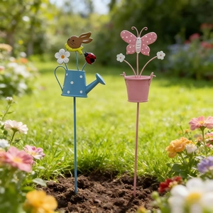Garden stake set with metal watering can and bucket designs for lawn and flowerpot decor