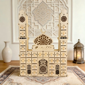 Wooden Ramadan advent calendar in mosque shape with 30 countdown drawers and LED light