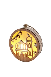 Detail of wooden Ramadan hanging light with mosque cutout and warm LED glow