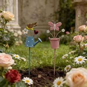 Metal garden stakes set with blue watering can and pink bucket for outdoor pot decor