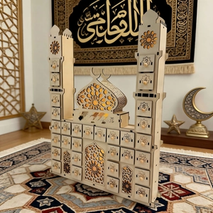 Wooden Ramadan countdown calendar with 30 drawers and warm LED mosque style lighting