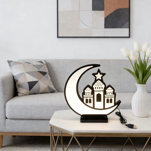 LED crescent moon Ramadan tunnel lamp with mosque silhouette on marble table