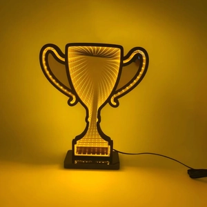 Trophy shaped LED infinity mirror lamp with warm yellow light and black base stand