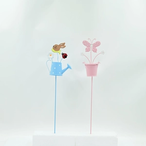 Garden metal stakes set with blue watering can rabbit and pink butterfly bucket designs