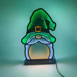 St. Patrick's Day gnome infinity mirror light with green LED shamrock hat detail