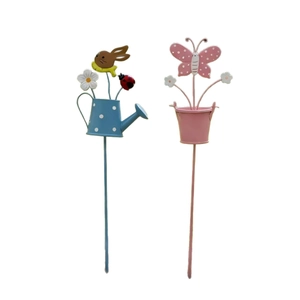 Garden metal stakes featuring blue watering can and pink bucket with butterfly and flowers