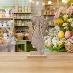 Easter rabbit silhouette figurine on wooden base with rustic light khaki finish decor