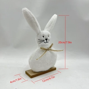 Detail of white plush Easter bunny decor with measurement lines and wooden base