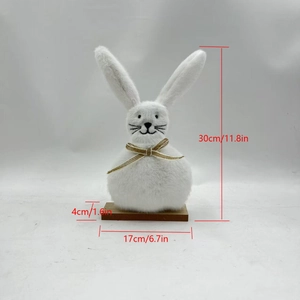Plush Easter bunny with golden bow on wooden base, product dimensions 30x17 cm