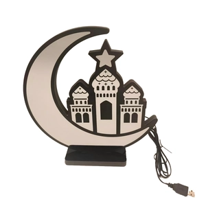 Detail of Muslim Eid LED crescent moon lamp with mosque silhouette and USB cable