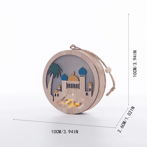 Close-up of wooden Eid mosque ornament with 10cm diameter and palm tree carvings