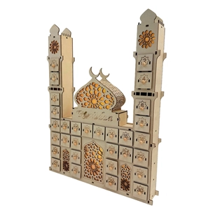 Wooden Ramadan countdown calendar with LED lights and mosque-shaped 30 drawers design