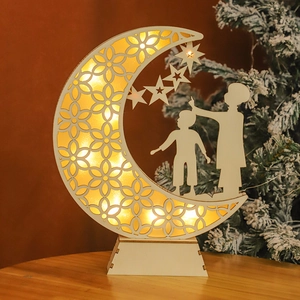 Wooden crescent moon LED lamp with intricate star and floral hollow patterns