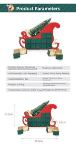 Details des hölzernen Weihnachts-Adventskalenders in Schlittenform mit 24 Schubladen