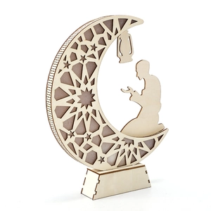 Laser-cut wooden moon crescent ornament with LED lights for Ramadan Islamic home decoration