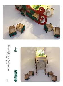 Details des hölzernen Weihnachts-Adventskalenders Schlitten mit LED und Schubladen