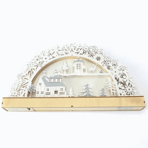 Wooden Christmas bridge light with carved winter village and LED reindeer scene