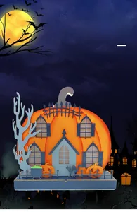 Detailed Halloween wooden pumpkin lamp with multilayered spooky scene and LED light