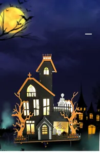 Macro detail of wooden Halloween ghost house desktop ornament with warm glowing LED lights