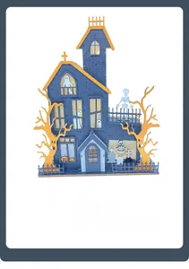 Detail of wooden Halloween haunted house LED ornament with ghosts and pumpkins