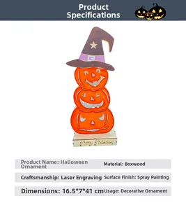 Detailed view of layered wooden Halloween pumpkin light with laser cutouts and purple hat