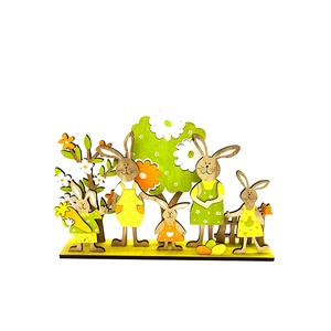 Easter Wood Bunny Family Tabletop Ornament Spring Rabbit Garden Fence Flower Tree Decoration For Home Office Holiday Decor