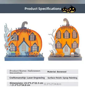 Detail view of wooden Halloween pumpkin house ornaments with LED lights and size dimensions