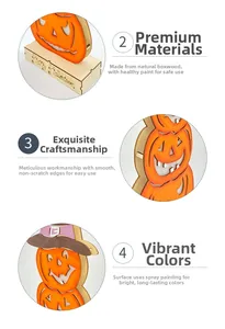 Detail of natural boxwood Halloween pumpkin lamp with Happy Halloween engraving