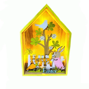 LED Easter Wooden House Ornament Warm Light Hollow Wood Rabbit Egg Carving Figurine For Festive Holiday Home Decoration