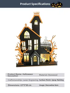 Detail of wooden Halloween haunted house LED light ornament with ghost and skull elements