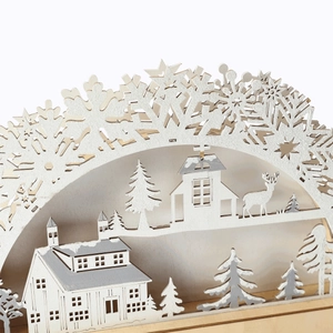 Wooden Christmas bridge light with LED laser-cut reindeer and snowy house design
