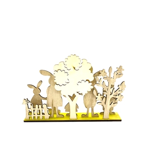 Creative wooden rabbit desk ornament with laser-cut forest trees and yellow base