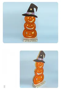 Front and side view of stackable wooden pumpkins with LED holes and Happy Halloween text