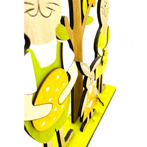Easter bunny wooden desktop ornaments with green clothes on a yellow base decor