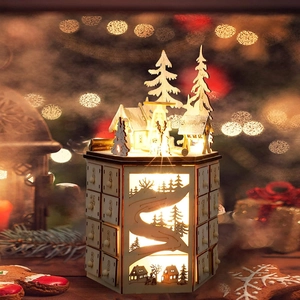 Wooden Christmas Advent Calendar with 24 drawers and warm LED lighting for holiday decor