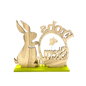 Handcrafted wooden Easter ornament featuring silhouette rabbit and Frohes Ostern greeting