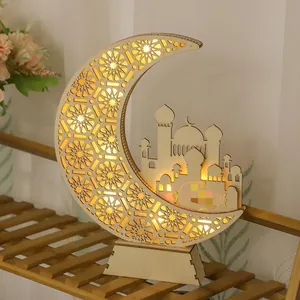 Wooden Eid Mubarak moon crescent with LED light and hollow mosque pattern decoration