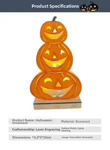 Detailed specifications of wooden Halloween tiered pumpkin LED decor with laser engraving