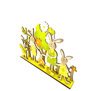 Handcrafted Easter bunny wooden desk ornament with colorful family figures and green trees