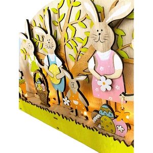 Décoration de Pâques en bois illuminée avec lapins et effet de lumière LED chaude