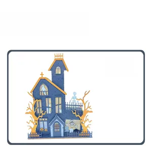 Detail of wooden Halloween haunted house LED ornament with ghosts and pumpkins
