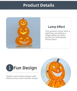 Close-up of the multi-layer wooden Halloween pumpkin LED light ornament glowing in bright orange